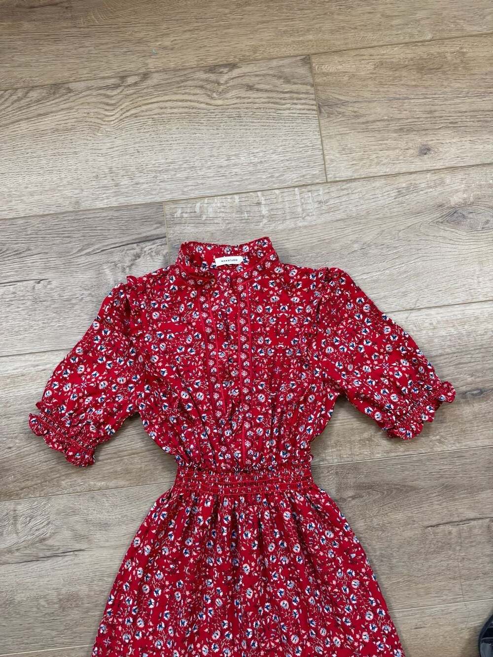 Max Studio Red Floral Tiered Maxi Dress Smocked Waist Boho Cottagecore S - Picture 3 of 14